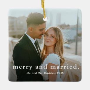 Ornement En Céramique Noël photo de type minimaliste Joyeux et Marié