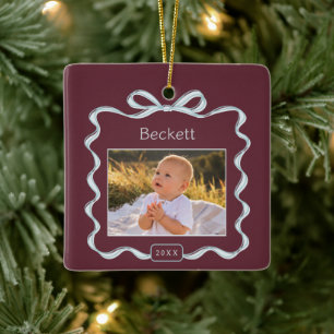 Ornement En Céramique Noël pour enfants personnalisé avec un nœud double