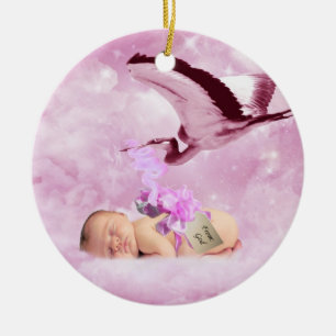 Ornement En Céramique Noël rose de nuages et de cigogne de bébé