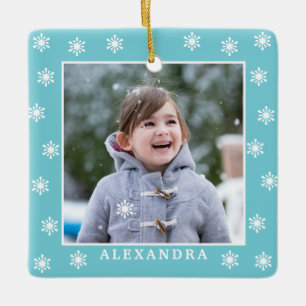 Ornement En Céramique Noël Snowflakes Nom photo Blue