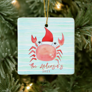 Ornement En Céramique Noël sur la plage chapeau de Père Noël crabe rouge