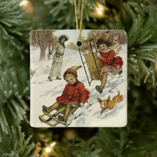 Ornement En Céramique Noël vintage, enfants victoriens faisant de la lug