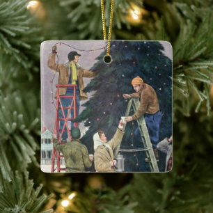 Ornement En Céramique Noël vintage, famille accrochant des lumières à l'