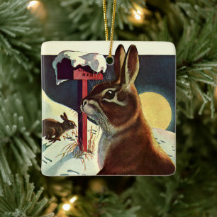 Ornement En Céramique Noël vintage, lapins dans une prairie enneigée en