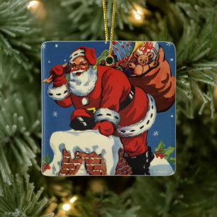Ornement En Céramique Noël vintage, le Père Noël descend Chimney avec jo