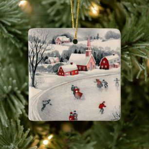 Ornement En Céramique Noël vintage, patineurs victoriens sur étang