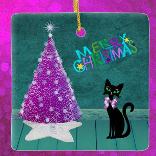 Ornement En Céramique Noir Chat Ruban par Arbre Rose Noël Joyeux