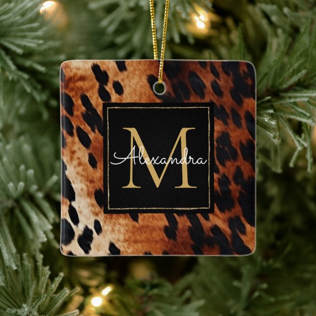 Ornement En Céramique Noir Crème Brown Vachet Monogramme Or (Arbre)