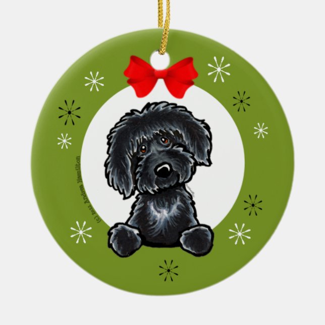 Ornement En Céramique Noir Labradoodle Noël Classique (Devant)