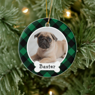 Ornement En Céramique Nom de chien de Noël à carreaux vert et chamois Co