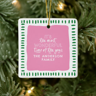 Ornement En Céramique Nom de famille personnalisé Noël moderne rose et v