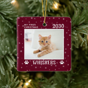 Ornement En Céramique Nom de la première photo de chat de Noël Année per