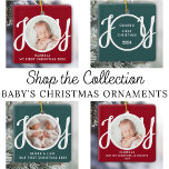 Ornement En Céramique Nom du bébé Statistiques de naissance Photo Red Ke<br><div class="desc">Ce mignon bébé's Birth Stats Christmas Photo Ornament est décoré avec le mot JOY dans la typographie stylisée sur un arrière - plan rouge. Facilement personnalisable avec votre photo,  nom et statistiques de naissance du bébé.</div>