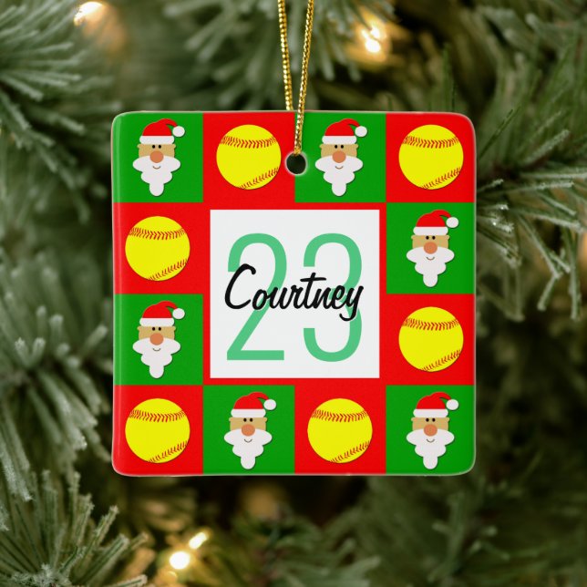Ornement En Céramique Nom et numéro du joueur de softball Noël personnal (Arbre)