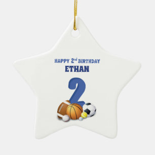 Ornement En Céramique Nom personnalisé Garçon 2e anniversaire Sports Bal