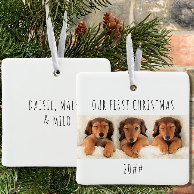Ornement En Céramique Nos premiers Chiens De Chien De Noël Panoramique P (Puppy first christmas keepsake ornament with 3 photos and name(s) on the back)