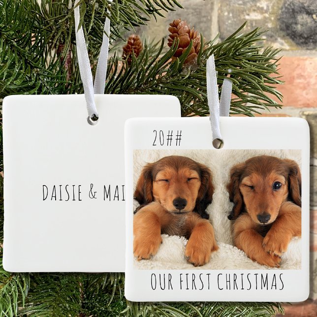 Ornement En Céramique Nos premiers Chiens de Chien de Noël Paysage Photo (Puppy first christmas keepsake ornament with 2 photos and name(s) on the back)