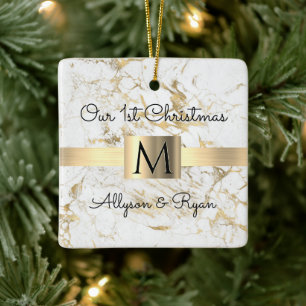 Ornement En Céramique Notre 1er Noël avec / Gold Marble Noms Monogramme