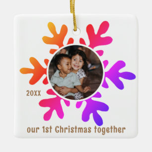 Ornement En Céramique Notre 1er Noël Flocon de neige coloré Enfants Phot