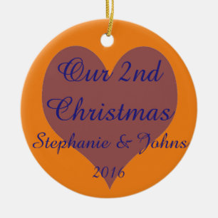 Ornement En Céramique Notre deuxième Noël, le coeur bleu orange