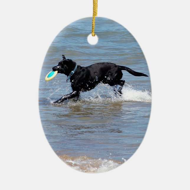 Ornement En Céramique Notre Labrador noir recherchant le frisbee du lac (Devant)