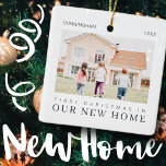 Ornement En Céramique Notre Premier Noël Dans Notre Nouvelle Maison Mode<br><div class="desc">Design est composé de typographie chic moderne avec sans serif et serif police. Ajoutez une photo personnalisée de la famille,  de la nouvelle maison et de l'année.</div>