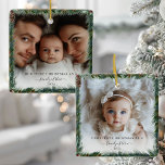 Ornement En Céramique Notre Premier Noël En Famille 2 Photo<br><div class="desc">Particulier au client, Notre premier Noël en famille - 2 Photo, Rustique, Aquarelle, Ornement en céramique. Commémorez le premier Noël de votre bébé avec cet élégant ornement en céramique ronde personnalisable. Le design se compose d'une couronne minimaliste et charmante avec un lapin doux au chapeau santa, des paquets cadeaux, une...</div>