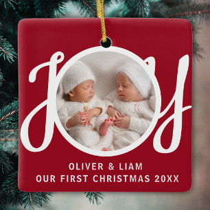 Ornement En Céramique Notre Premier Noël Jumeaux Photo Cadeau Rouge