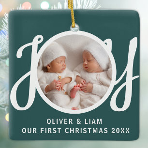 Ornement En Céramique Notre Premier Noël Jumeaux Photo Cadeau Vert