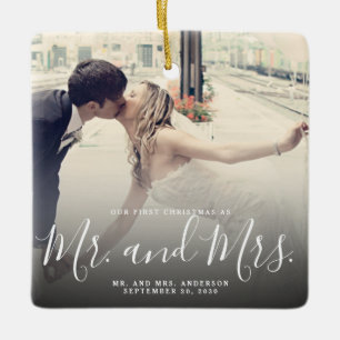 Ornement En Céramique Notre premier Noël Marié Photo Élégant Script
