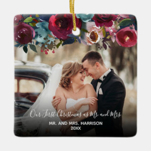 Ornement En Céramique Notre première photo Bourgogne de Noël 2 floral