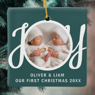 Ornement En Céramique Notre première photo de jumeaux de Noël Joy Green