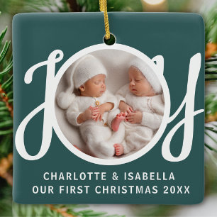 Ornement En Céramique Notre première photo de Noël de jumeaux Joie Verte