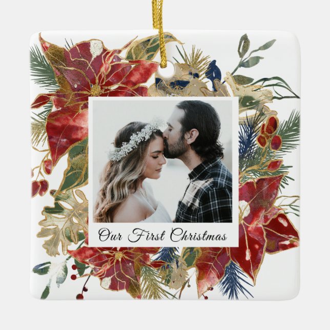 Ornement En Céramique Notre première photo de Noël Elegant Floral (Devant)