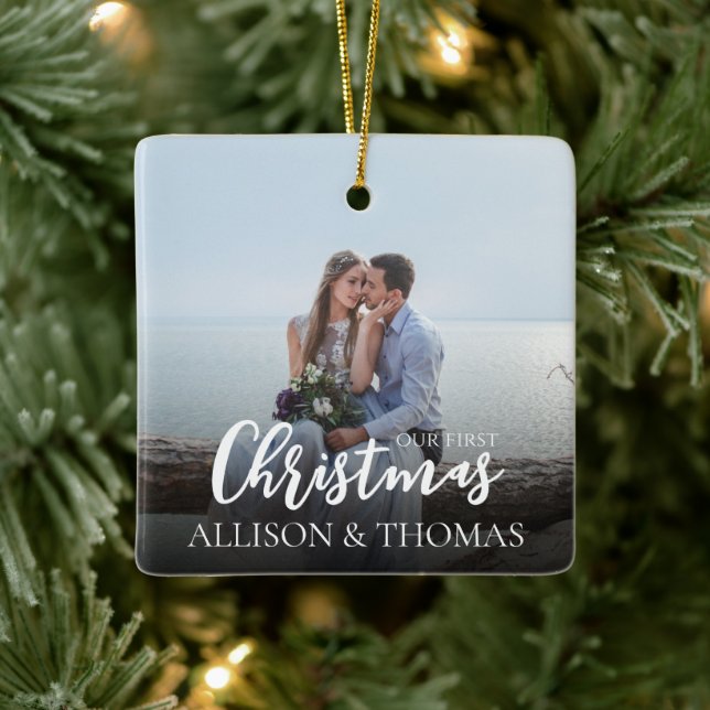 Ornement En Céramique Notre première photo élégante de Noël Mariage simp (Arbre)