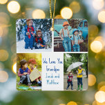 Ornement En Céramique Nous t'aimons Grand-Père Custom Cute Kids Photo Co<br><div class="desc">Ce joli ornement de Noël recto-verso personnalisé présente une mise en page moderne de 4 photos de famille sur un arrière - plan blanc avec une typographie bleue lisant We Love You Grand-père. Ce beau cadeau photo pour petits-enfants comporte votre propre collage photographique entourant votre message et vos noms personnalisés....</div>
