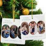 Ornement En Céramique Nouveau bébé premier Noël 6 Photos N'importe quell<br><div class="desc">Nouveau Bébé premier ornement photo de Noël - ou vous pouvez customiser le libellé comme vous le souhaitez. Le design comprend 6 photos et des couleurs entièrement modifiables pour l'arrière - plan, le lettrage et les points décoratifs. Vos photos sont affichées en format portrait 16:9 et le modèle photo les...</div>