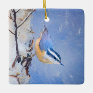 Ornement En Céramique Nuthatch à poitrine rouge Peinture d'art original