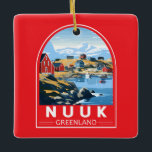 Ornement En Céramique Nuuk Greenland Travel Art Vintage<br><div class="desc">Conception de déplacement vectoriel rétro Nuuk. Nuuk,  la capitale du Groenland,  est une petite ville sur la côte sud-ouest du pays. Son grand système de fjords est connu pour ses cascades,  baleines à bosse et icebergs.</div>