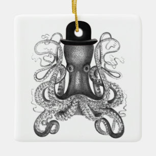 Ornement En Céramique Octopus portant Bowler Casquette, Vintage, Octopus