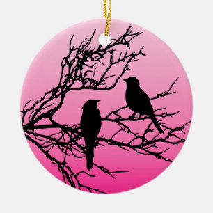 Ornement En Céramique Oiseaux sur une branche, Noir contre Aube Rose