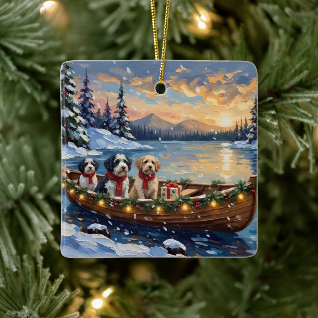 Ornement En Céramique Old English Sheepdog Christmas Boat Holiday (Arbre)