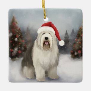 Ornement En Céramique Old English Sheepdog en Noël de neige