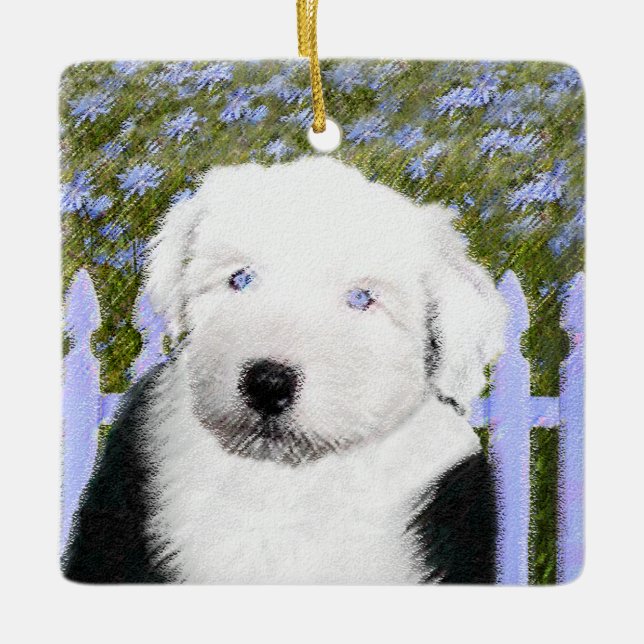 Ornement En Céramique Old English Sheepdog Puppy Painting - Dog Art (Devant)