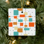 Ornement En Céramique Orange Turquoise Carré mi-siècle Noël<br><div class="desc">Ce fabuleux ornement en céramique de style moderne du milieu du siècle présente des carrés,  des rectangles,  des lignes et des points,  aux couleurs bleu turquoise,  orange,  crème et noir. Ajoutez cette touche de plaisir à votre arbre de Noël rétro!</div>