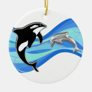 Ornement En Céramique Orque et dauphin dans les vagues