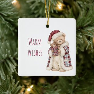 Ornement En Céramique Ours avec chapeau de Père Noël rouge et voeux chal