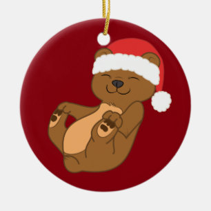Ornement En Céramique Ours Brown de Noël avec le casquette rouge de Pè