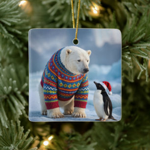 Ornement En Céramique Ours polaire et manchot de Noël sur un glacier