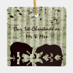 Ornement En Céramique Ours rustiques, Birch Trees 1er Noël Mr & Mrs.